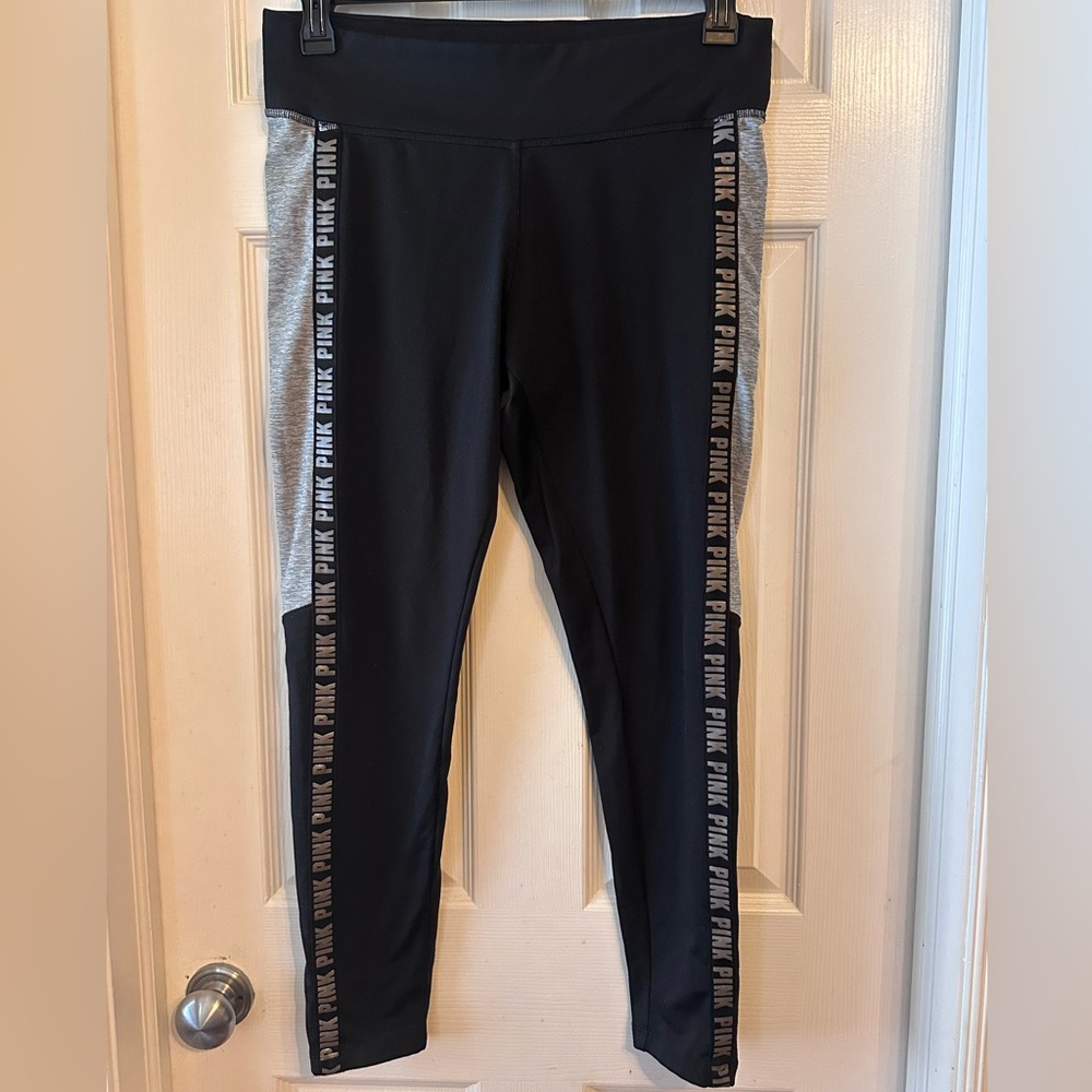 Victoria’s Secret PINK Cozy Leggings Black Gray Side Stripe Logo Size Large